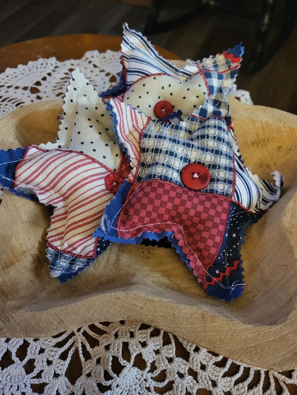 Patriotic Red, White & Blue Star Fabric Bowl Fillers And Wooden Star Bowl
